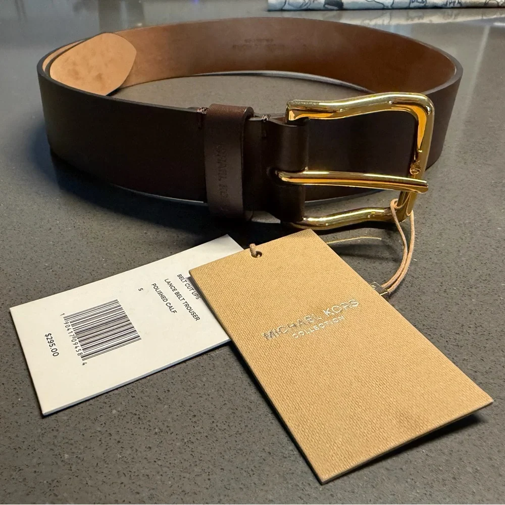 Michael Kors Collection Dark‎ Brown Leather Belt with Gold Buckle Small NEW
